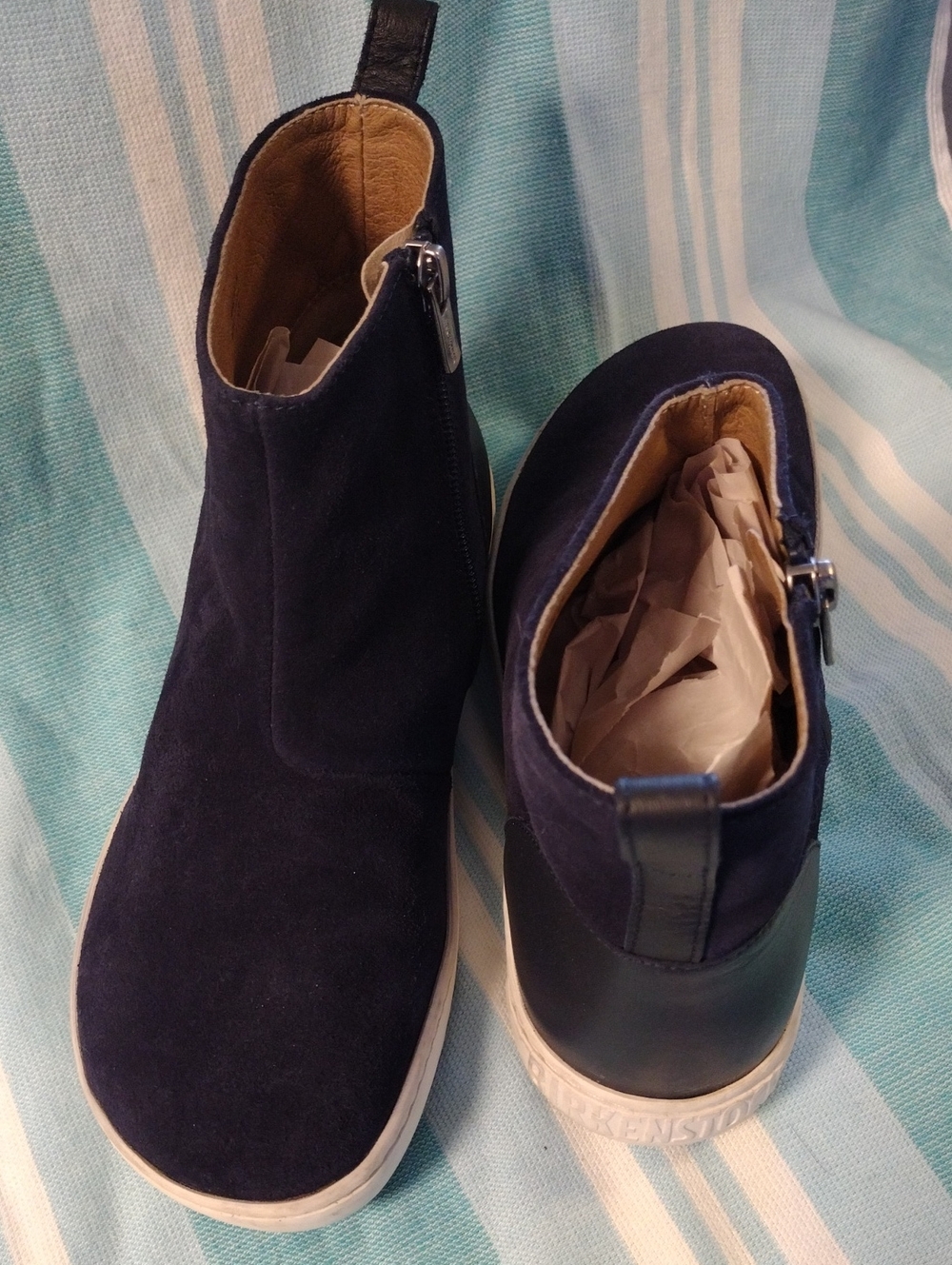 Birkenstock Navy Suede Zip Ankle Booties with White Sole Myra VI